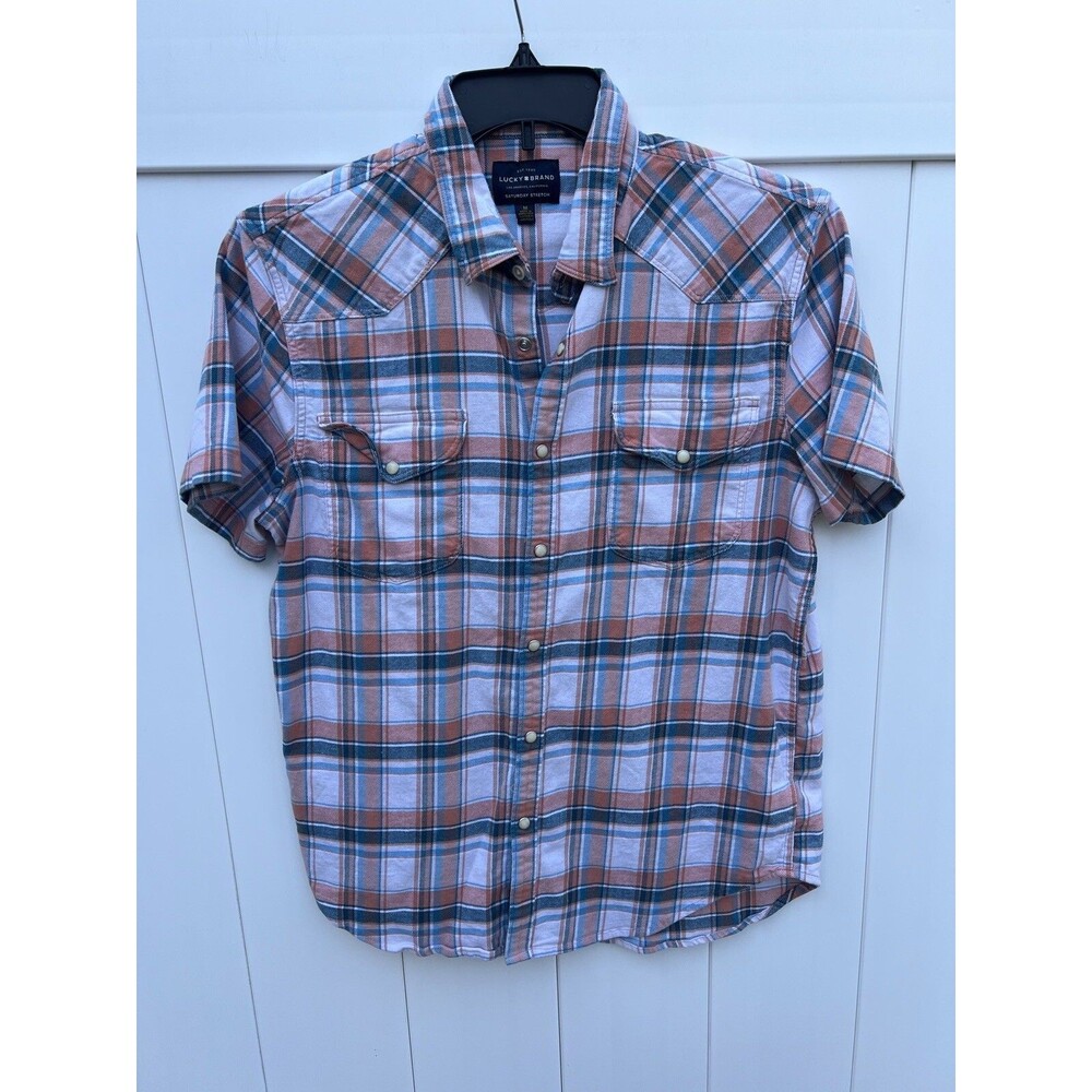 Lucky Brand Saturday Stretch Button Up Plaid Pearl Snap Short Sleeve Sz M Tunic
